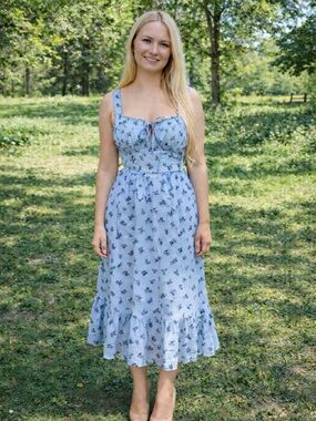 Sky Blue Floral Tie-Front Midi Dress with Ruffle Hem